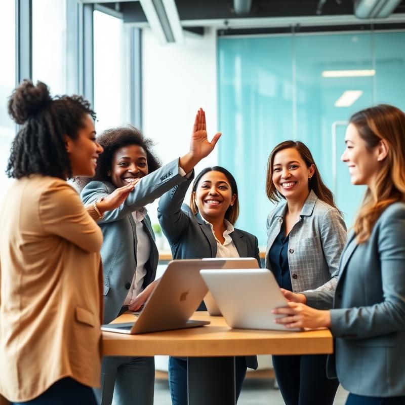 Equipo feliz usando la app