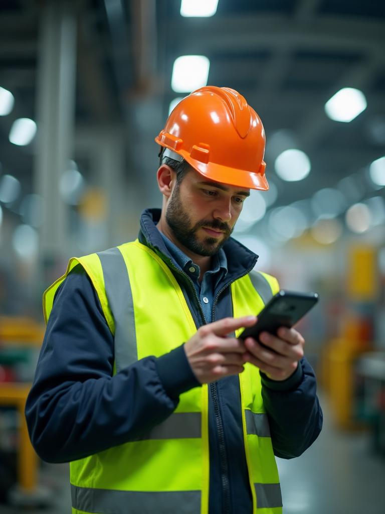 Operario usando la app de inspecciones en planta