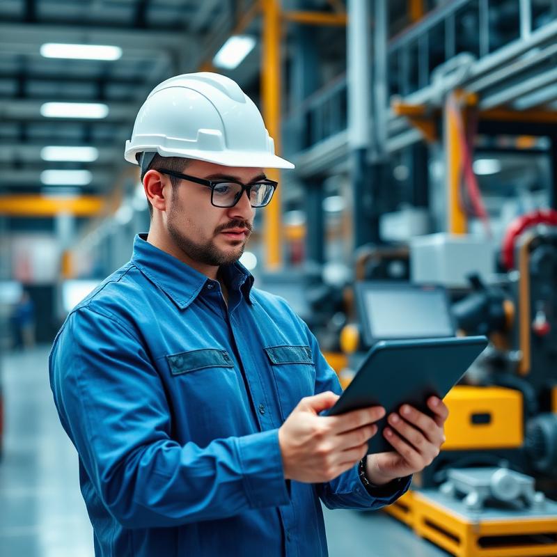 Operario usando tablet en planta de produccion